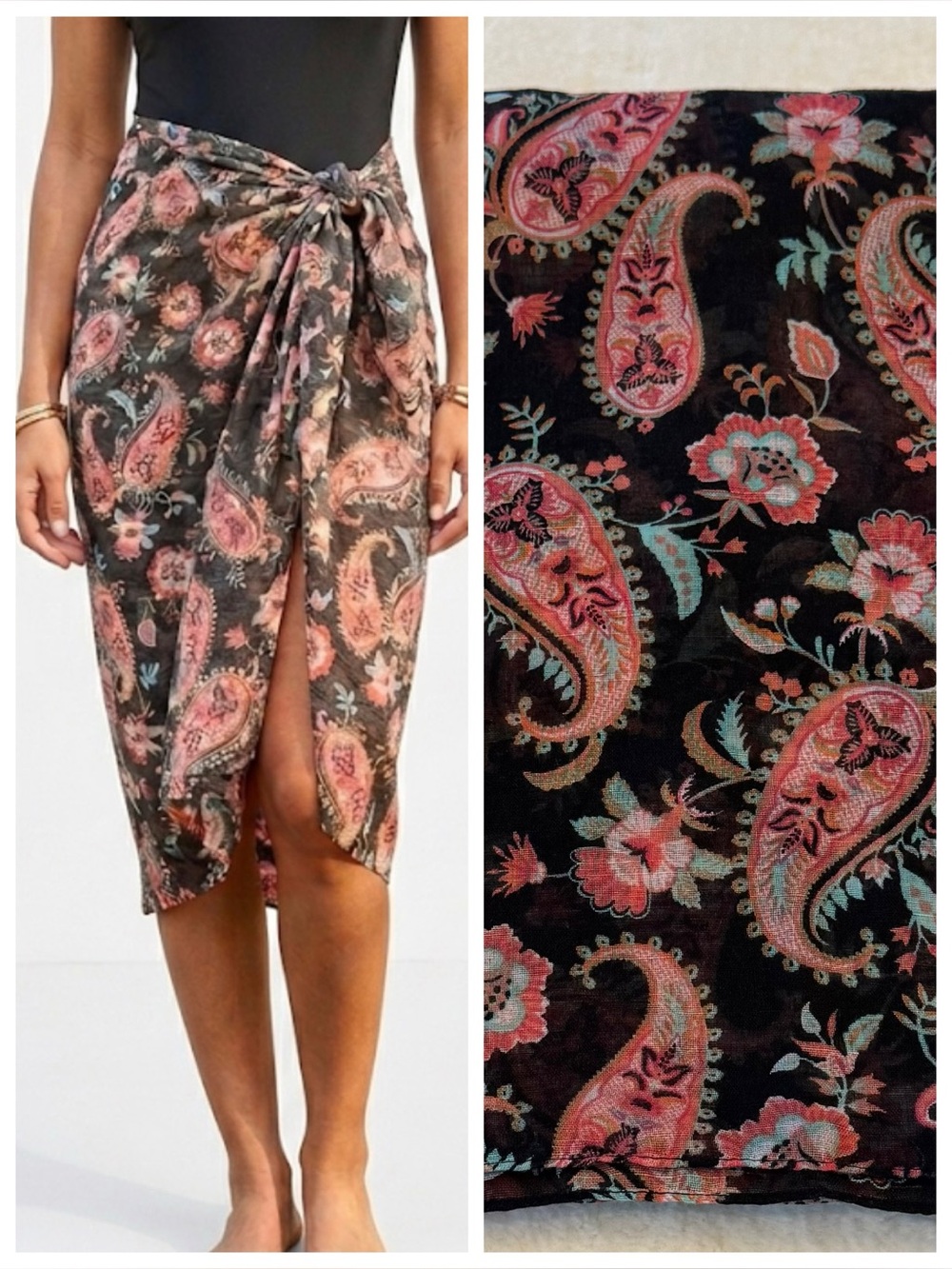 Lands End Sarong Swim Cover-Up Wrap Scarf Pink Turquoise Floral Paisley